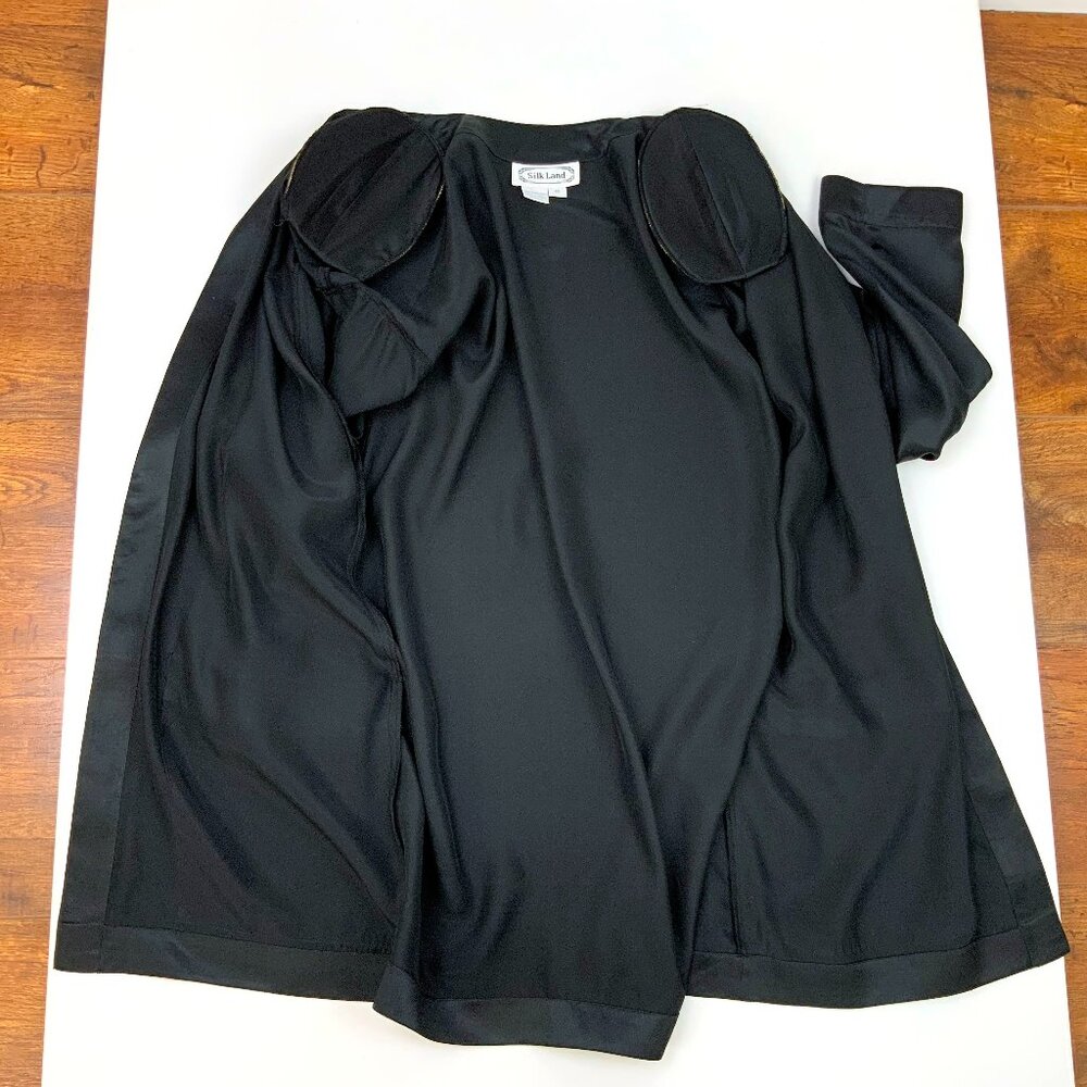 Black Satin Silk Open-Front Jacket Kimono-Style Robe Sz M - Picture 13 of 16